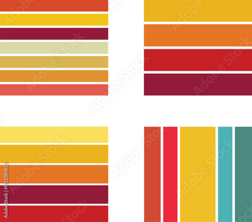 Vibrant retro sunset color palette with horizontal and vertical gradient stripes for diverse design projects, offering warm vintage backgrounds and multiple color combinations for creative branding