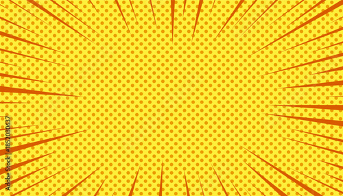 Explosion in comics book pop style with expression text space, blank layout template with halftone dots on yellow backdrop, glitter yellow and orange concentration line background, pop sunburst frame