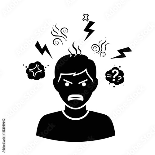 A simple black silhouette illustration of an angry and frustrated person