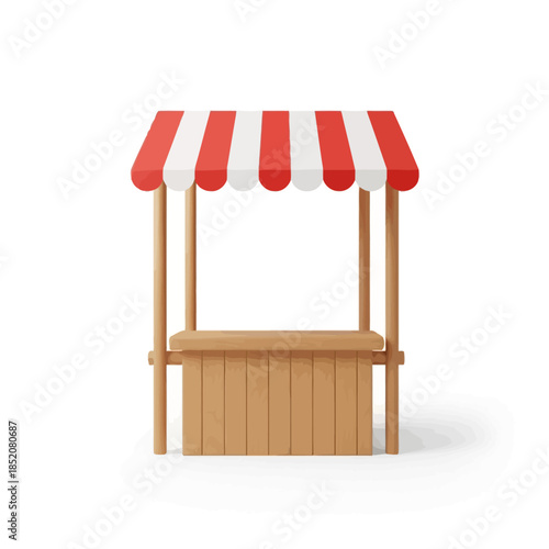 a small wooden market stall with a red and white striped canopy