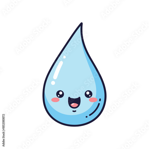 A cute blue waterdrop with a smiley face and rosy cheeks is illustrated.