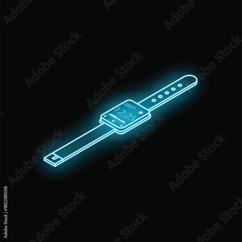 Glowing blue neon smartwatch displaying time and weather forecast, isolated on black background