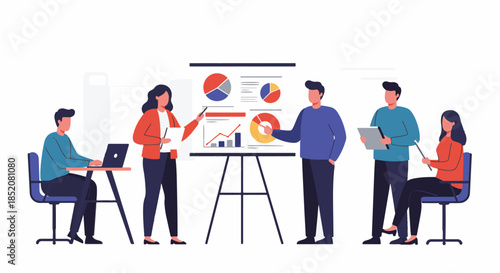 Business team members presenting data analysis in a meeting with charts and graphs