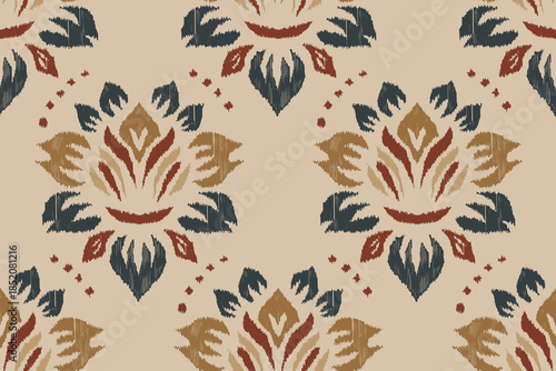 Ethnic abstract ikat fabric artwork with seamless patterns, combining tribal, indigenous and Mexican embroidery with Aztec geometric motifs. Ideal for rugs, wallpapers, throws, fabrics, and clothing.