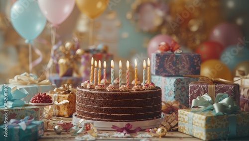Celebration With Cake and Gifts at a Birthday Party With Balloons and Decorat...
