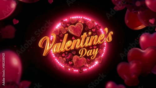 Valentines Day Decorations and Symbols in Bright Colors on a Dark Background