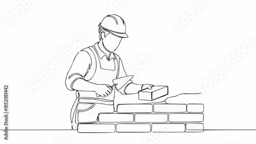 Construction worker laying bricks with trowel and helmet.