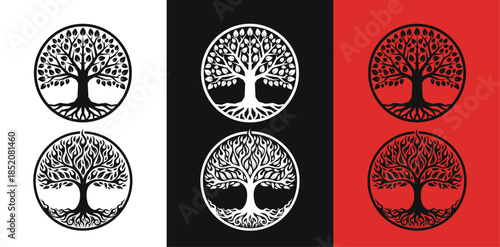 Tree silhouettes in oval frames on white black and red backgrounds
