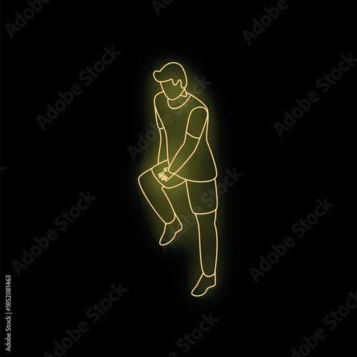 Neon yellow sign of a sportsman holding his knee, suffering from pain, isolated on black background