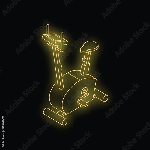 Neon stationary bicycle glowing on black background representing fitness, health, and exercise