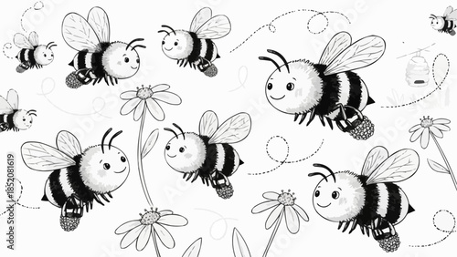 Cute cartoon bees flying around flowers in a whimsical illustration.