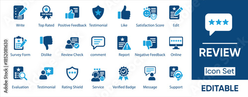 Review and Feedback Icon Set, Customer Rating and Testimonial Symbols, Satisfaction and Evaluation Solid Glyph Icons, Minimalist Design Vector Illustration.