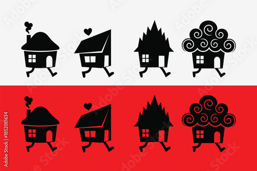 A set of whimsical black house silhouettes on white and red backgrounds