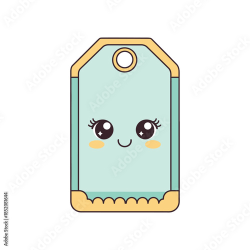 A cute cartoon tag with a smiling face and big eyes is shown on a white background.
