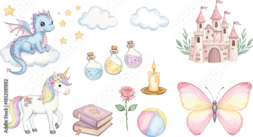 Whimsical fantasy illustrations of magical creatures and objects in pastel colors