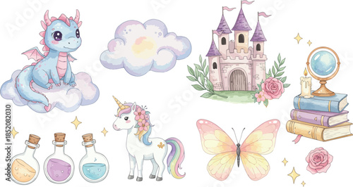 Whimsical fairy tale illustration of magical creatures and castle scenery