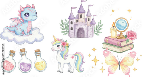 Whimsical illustration of unicorns and fairy tale castle with magic items