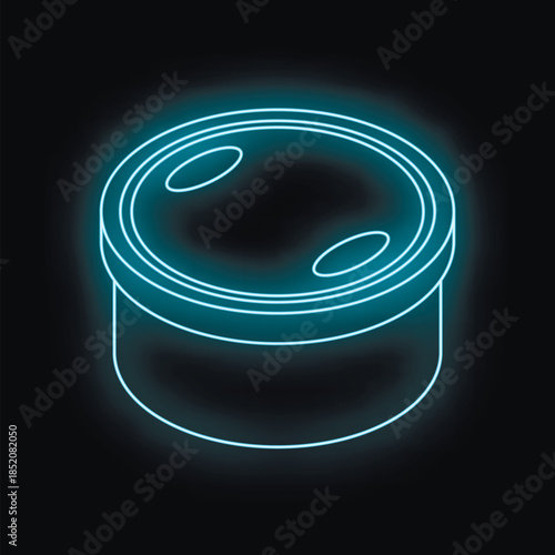 Neon food container glowing on a dark background representing food storage and takeout