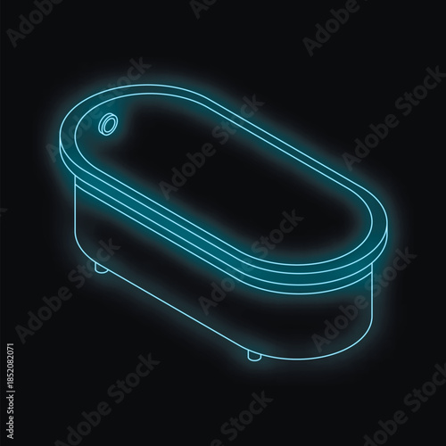 Glowing blue neon outline of a bathtub in dark bathroom setting, offering a modern and stylish visualization