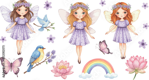 Three colorful whimsical fairies with flowers birds butterflies and a rainbow