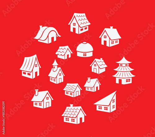 Illustration of diverse architectural house styles on red background