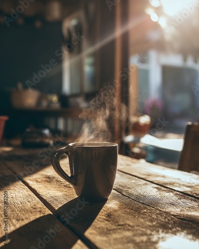 steaming coffee cup on wooden table in morning light