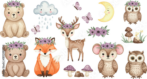 Whimsical forest creatures with floral crowns on their heads illustration