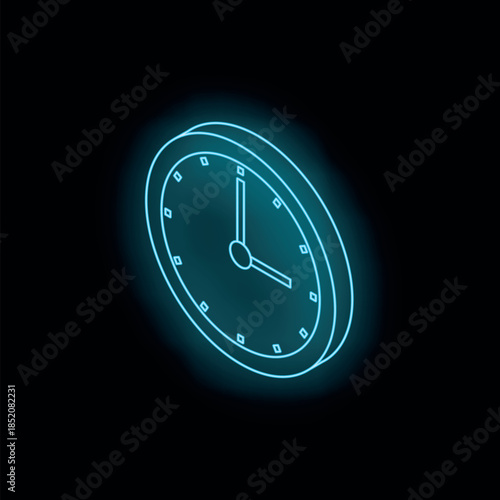 Bright neon blue clock marking time against a dark backdrop