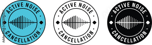 Active Noise Cancellation Product Labels with Audio Waveform Icons for Premium Headphones Earbuds Sound Engineering and Audio Tech Branding