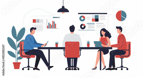 Business team meeting with charts and graphs discussing strategy and project development