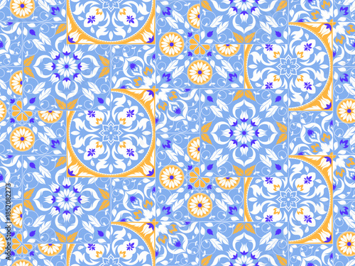 Seamless ceramic tile with colorful patchwork. Vintage multicolor pattern in turkish style. Endless pattern can be used for ceramic tile, wallpaper, linoleum, textile, web page background.