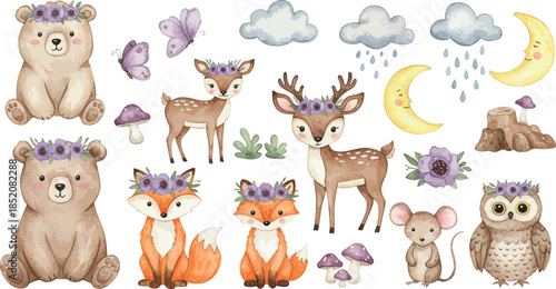 Whimsical forest animals and flowers in a dreamy moonlit scene