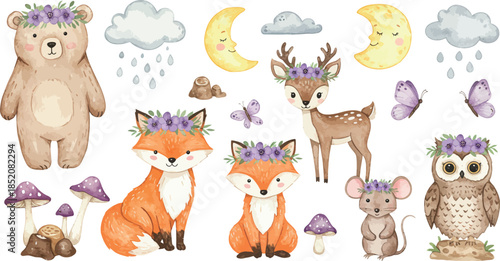 Whimsical forest animals wearing floral crowns in watercolor style illustration