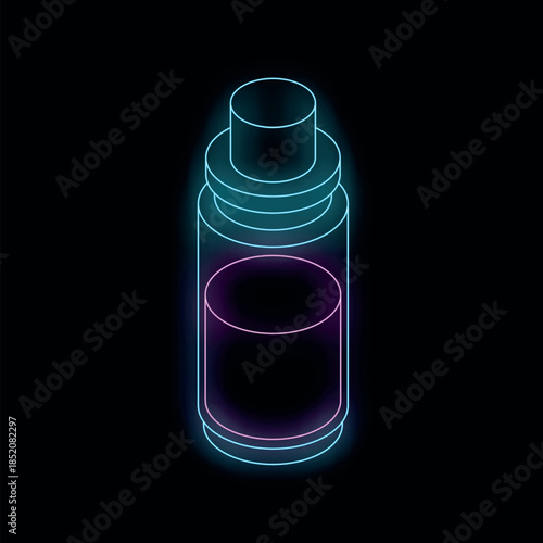 Bright neon vaporizer with e liquid glowing on a dark background