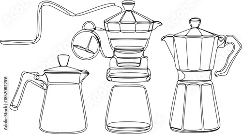 A collection of graphics illustrating the classic metal pots used for brewing strong coffee on a stovetop burner.
