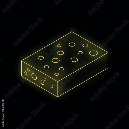 Neon isometric cleaning sponge with holes glowing on black background