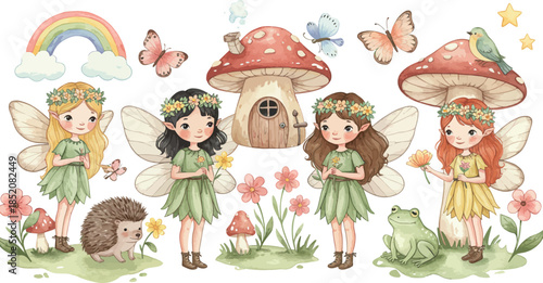 Whimsical fairy tale girls standing in front of magical mushroom houses