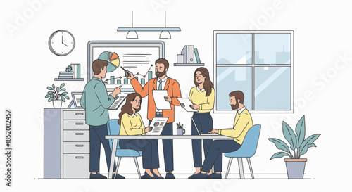 Business team meeting in office with presentation of graphs and charts to discuss strategy