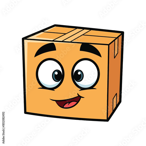 A cartoon illustration of a smiling box with eyes and eyebrows on a white background.