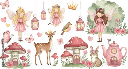Whimsical illustration of fairy tale creatures in enchanted forest with mushrooms