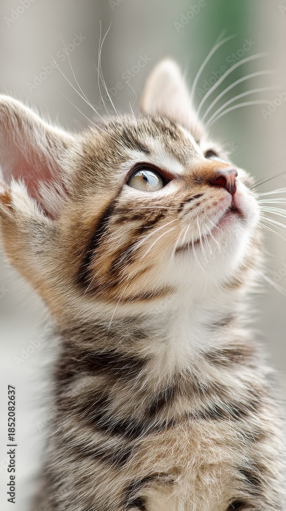 Fototapeta premium cute baby kitten looking up, innocent emotion, light beige background, shallow depth of field