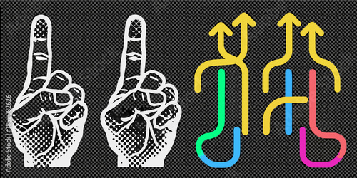 Depiction of hands making gestures alongside colorful abstract arrow like shapes