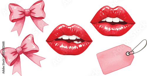 Illustration of vampire fangs with pink bows and gift tag