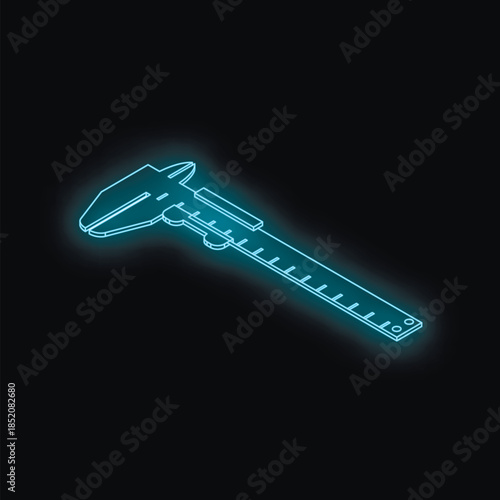 Neon blue vernier caliper measuring tool isolated on a dark background, perfect for engineering or precision related designs