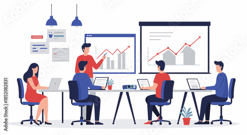 Business team meeting in a modern office with graphs and charts presentation illustration