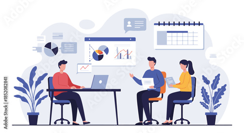 Business team meeting in a modern office discussing charts and graphs for strategy planning