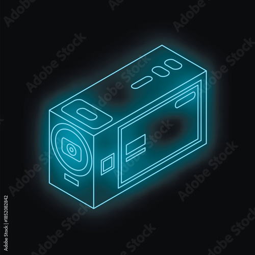 Glowing neon blue isometric action camera outline on a black background, representing modern filming technology