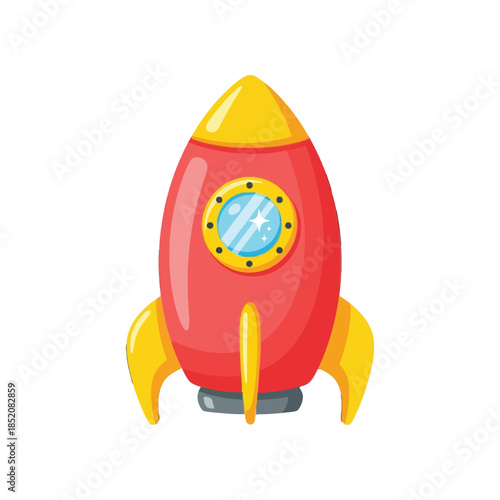 An illustration of a red and yellow rocket ship on a white background