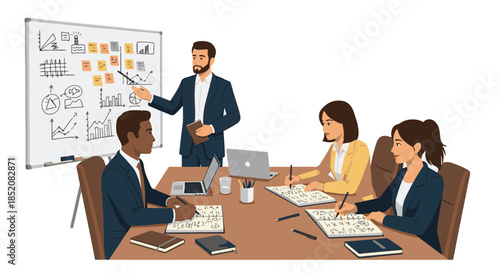 Business team meeting in a conference room with a presentation on a whiteboard