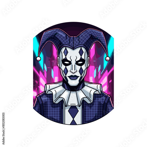 Cyberpunk harlequin character with neon lights in the background  